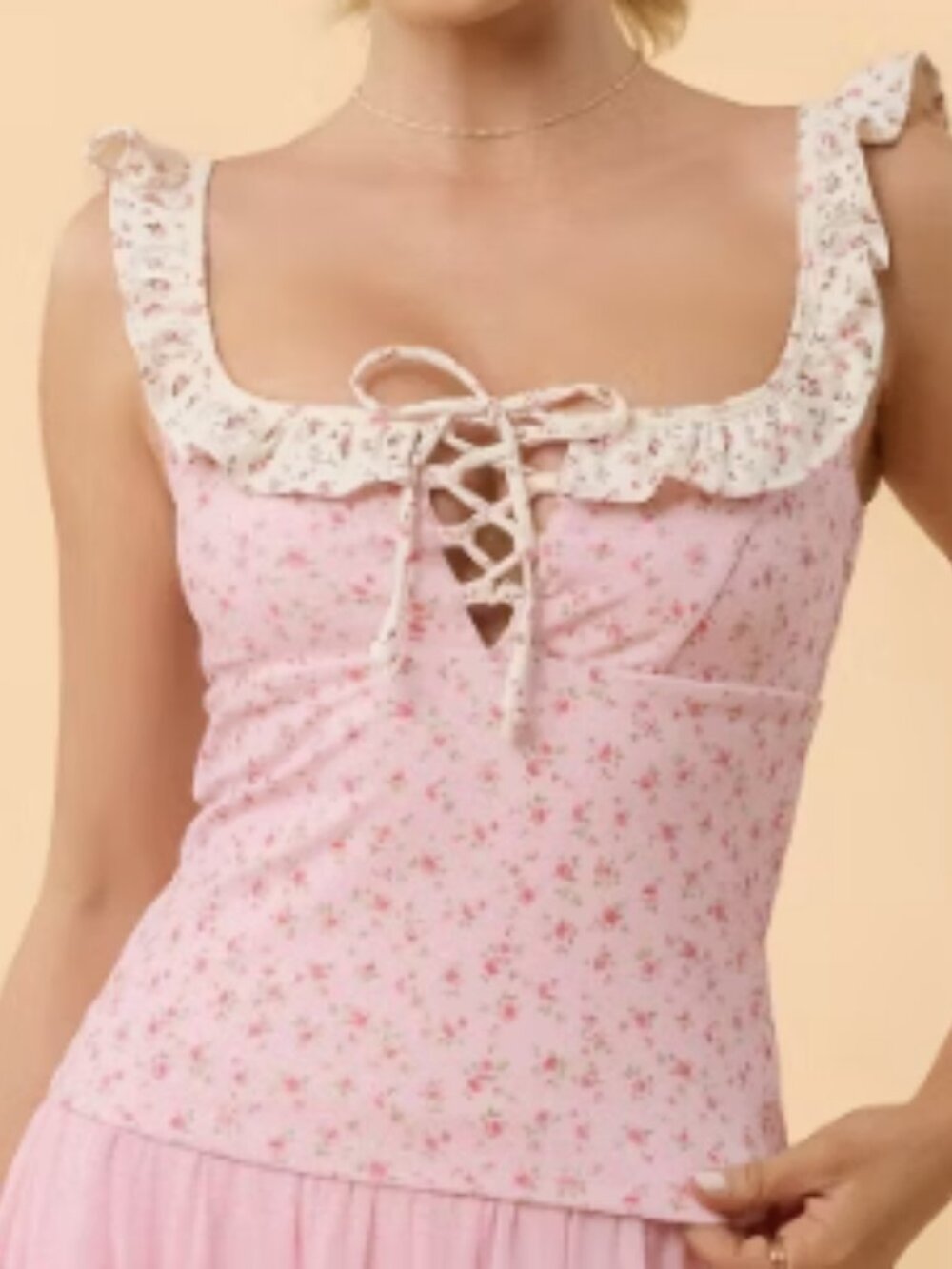 NWT Blogilates Ruffle Lace Up Tank - Pink Floral Print
